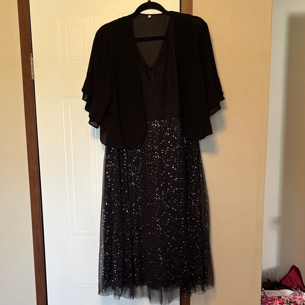 Black Sequin Dress with Cape Overlay